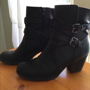 Mid calf boots with zipper and decorative buckle